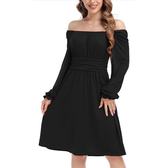 NEW Puff Sleeve Dress Swing Casual Square Neck  Flowy Elastic Waist A-Line S - Picture 2 of 7